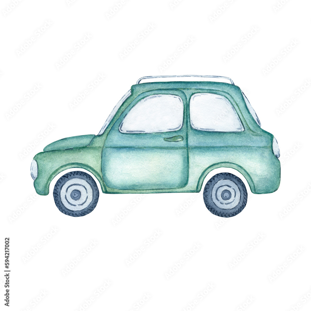 Сute blue old car for a little trip through the countryside. Watercolor illustration
