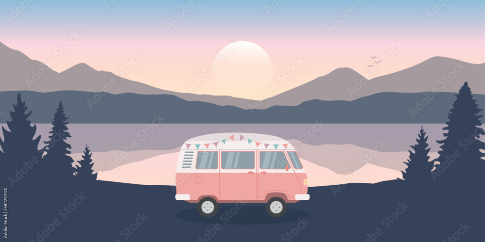 wanderlust camping adventure in the wilderness with camper van by the lake