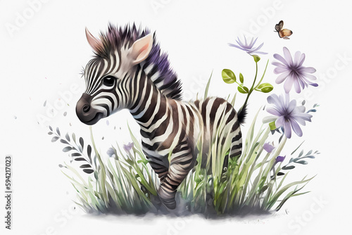 Watercolor little zebra in gras. Generative ai.