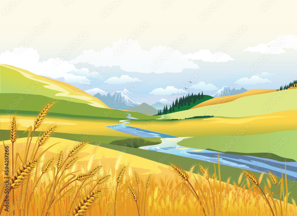 Obraz premium Autumn landscape of mountains and hills of the river valley. Ears of wheat in nature. Vector illustration