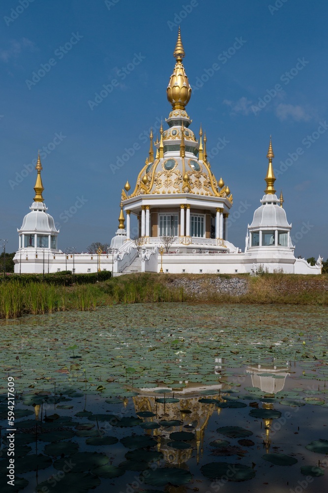 Pond with Lotus (Nelumbo) in front of Maha Rattana Chedi of Wat Thung Setthi, Reflection, Khon Kaen, Isan, Thailand, Asia