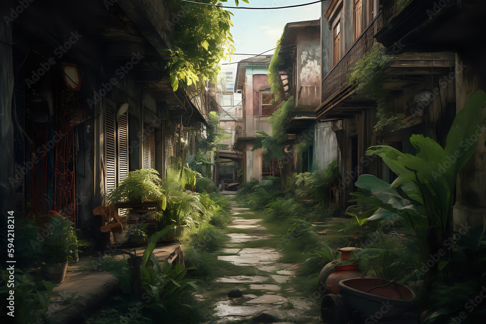 Fototapeta premium Illustration of a Post Apocalyptic Neighborhood - generative ai