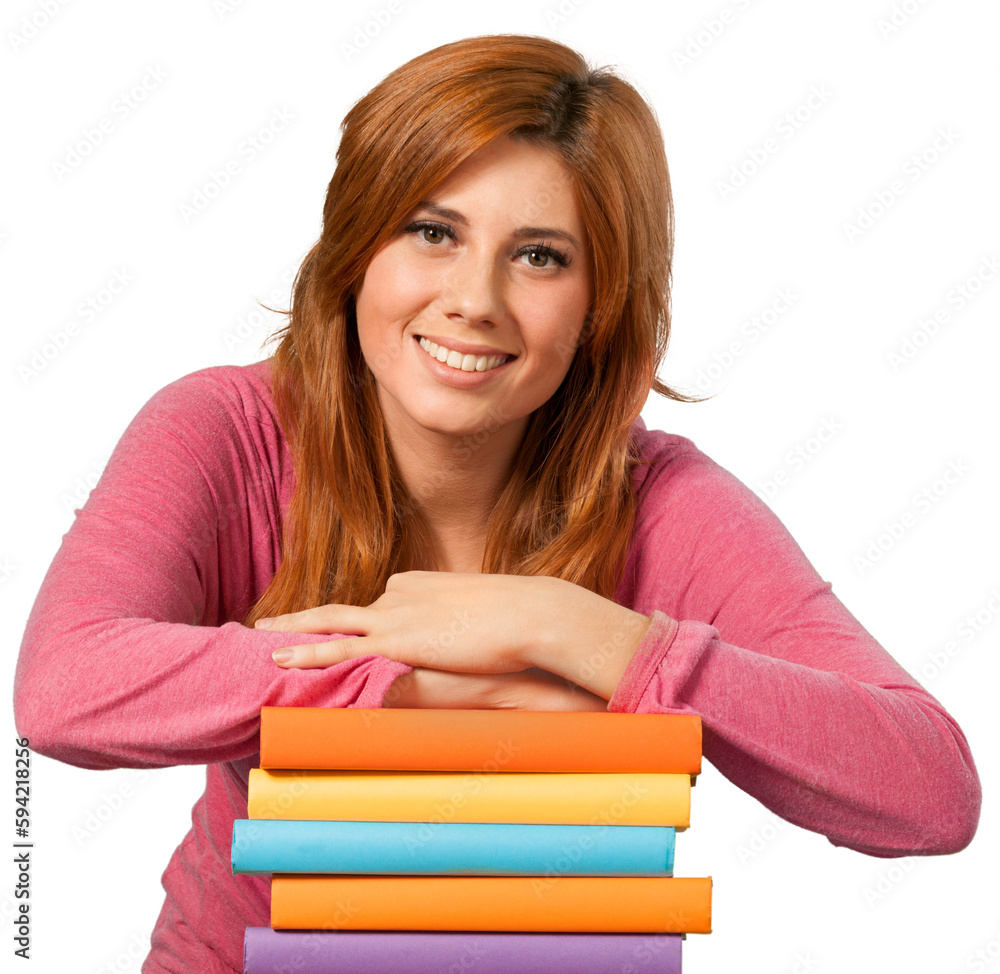 Close up portrait of beautiful red hair girl with books looking at camera on a white background Close up portrait of beautiful red hair girl with books looking at camera on a white background