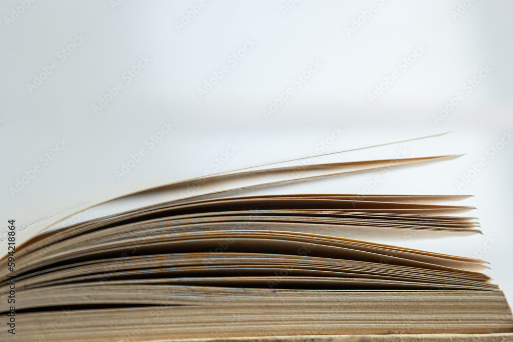 Open old book with text on white background. The concept of reading literature, education and book publishing. Free space for text