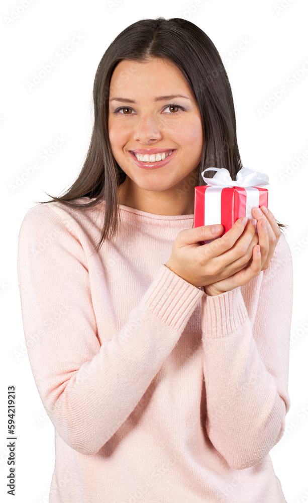 Smiling woman with gift box on background Smiling woman with gift box on background