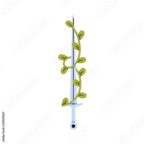Metal sword with leaf branch, abstract military symbol. Long blade weapon wit...