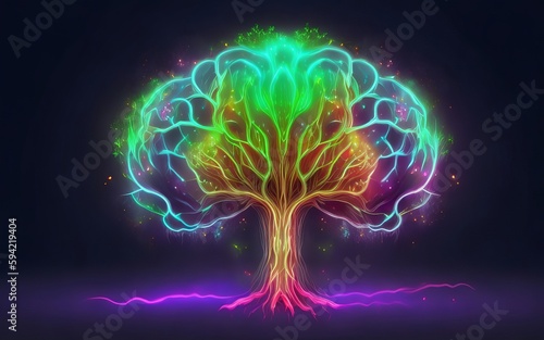 A digital image, a glowing brain-shaped tree, and psychedelic artwork. Generative AI.