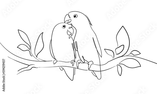 Lovebird parrots on a branch in line-art style on a white background. Birds sitting on a branch. Vector outline illustration