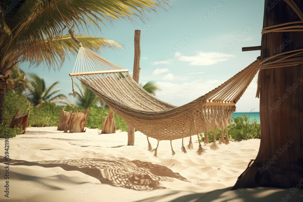 Youthful Escape: Vibrant Hammock on the Beach with Trees and Sea Water - obrazy, fototapety, plakaty 