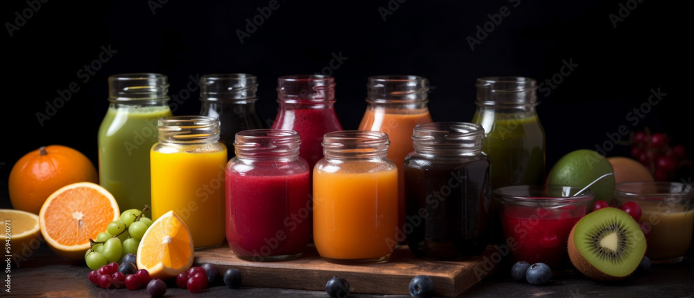 Various of juices with aesthetic arrangement on black background. Various of juices with aesthetic arrangement on black background.
