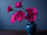 Pink flowers in dark blue vase. Generative ai
