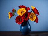 Red and yellow flowers in dark vase. Generative ai