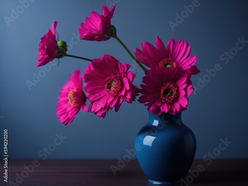 Pink flowers in dark blue vase. Generative ai