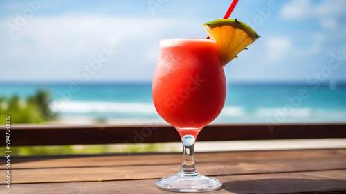 Strawberry Daiquiri cocktail on background with blue sea and sky tropical background. Generative AI