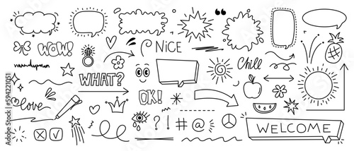 Sketch set of speech bubbles, arrows, underline, emphasis, phrases. Hand drawn brush stroke, highlight, underline, sparkle element, sunburst. Text design elements, symbols. Vector illustration.