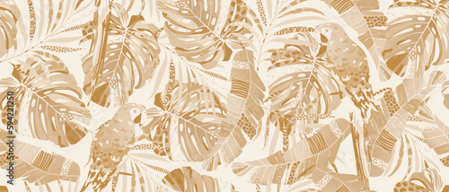 Seamless pattern with beige jungle exotic leaves and parrot. Design for wallpaper, fabric and textile print. Repeat endless tropic backdrop.