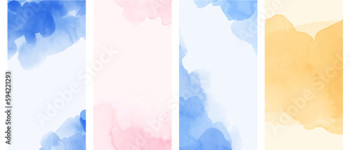 Set of watercolor abstract backgrounds. Blue, pink yellow spots, wet washes, drops.