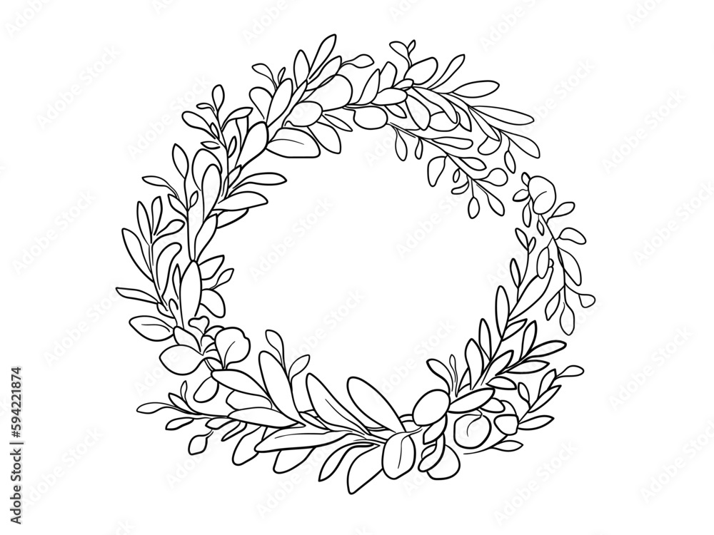 Floral circle wreath line art drawing on white background. Eucalyptus leaves minimal outline. Wedding Vector illustration. Floral circle wreath line art drawing on white background. Eucalyptus leaves minimal outline. Wedding Vector illustration.