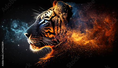 Tiger in fire cosmic space. gnerative ai.