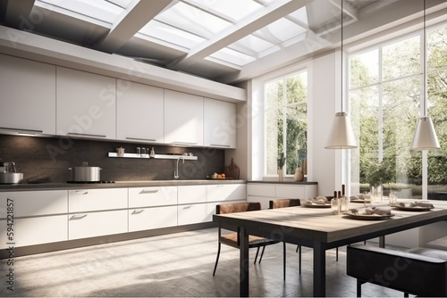 Luxury kitchen interior with eating table and cooking zone  panoramic window. Generative AI