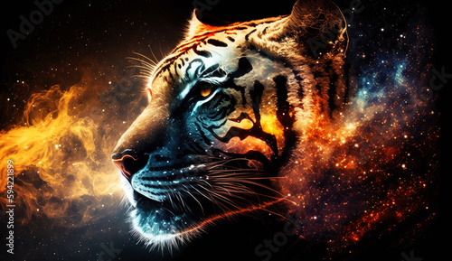 Tiger in fire cosmic space. gnerative ai.