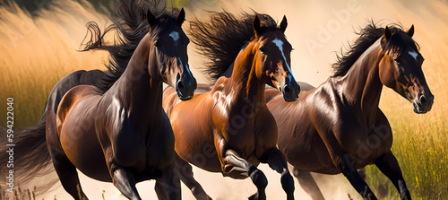 Three horses run against the background of green grass. Close-up. Banner. Generative AI photo