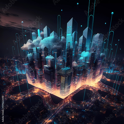 Smart cities concept, utilizing technology to create a more efficient and connected environment. 5G. Internet connection. Abstract connected dots and lines on city background. Generative AI photo