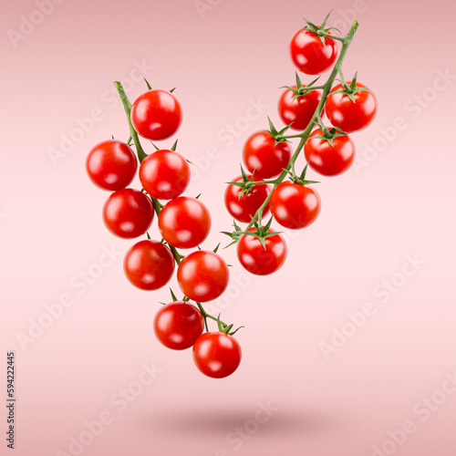 Branches with small red cherry tomatoes floating on pink background.