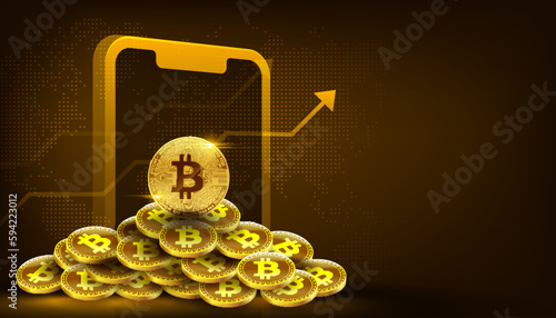 Vector golden bitcoin blockchain technology concept with mobile