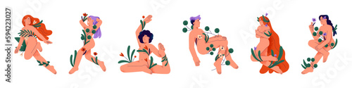 Naked women in flowers set. Nude young girls bodies in nature, garden. Self-love, acceptance, care, female health and wellness concept. Flat graphic vector illustrations isolated on white background