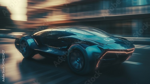 Fast moving in city futuristic flying car blurred motion. AI generated © ArtStage