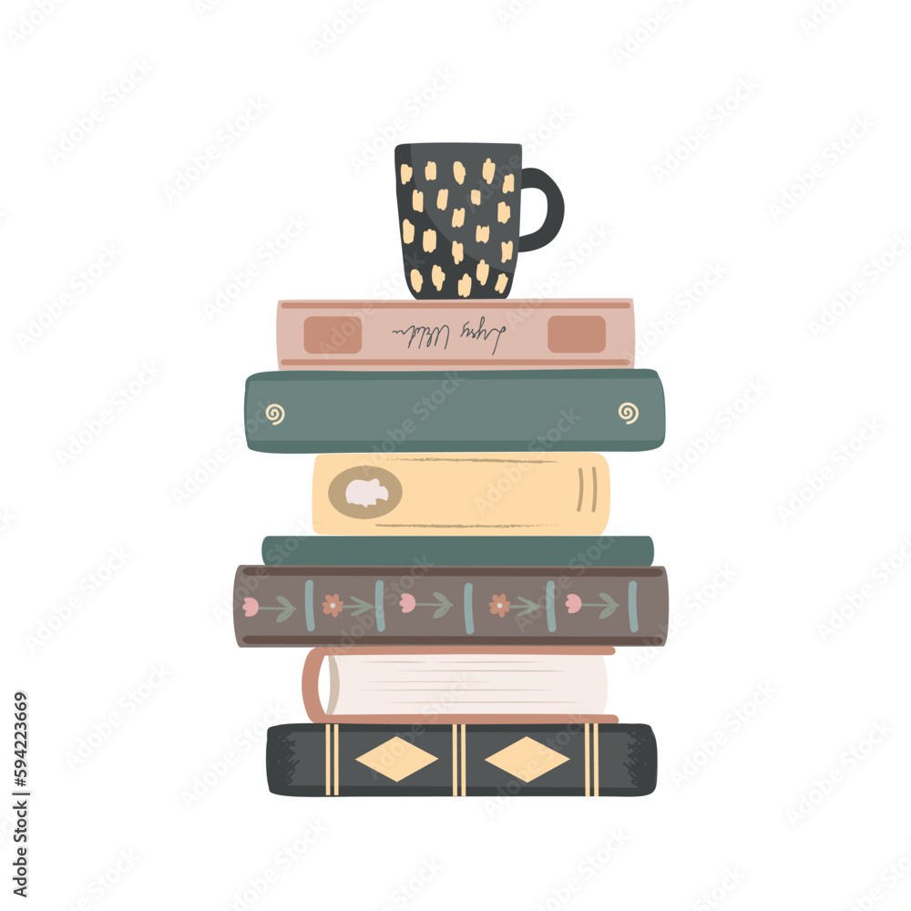 Pile of vintage books with a mug on the top. Standing books composition isolated on white background. Home library. Vector illustration - obrazy, fototapety, plakaty 