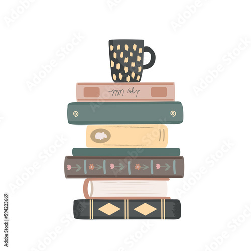 Pile of vintage books with a mug on the top. Standing books composition isolated on white background. Home library. Vector illustration