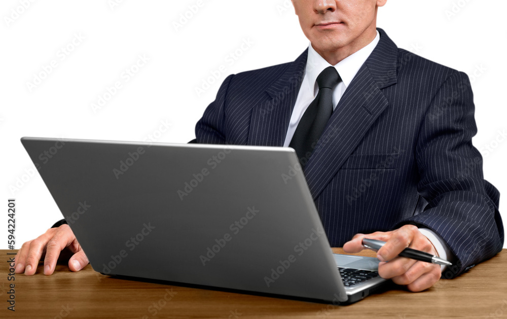 View of young business man using laptop on white background View of young business man using laptop on white background