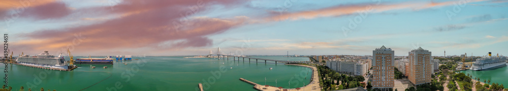 Panoramic aerial view of Cadiz port and cruise ships, Andalusia from drone