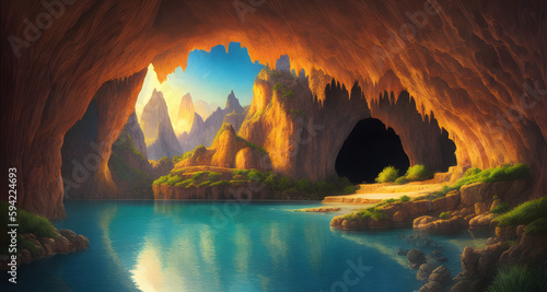 AI Digital Illustration Beautiful Cave Landscape