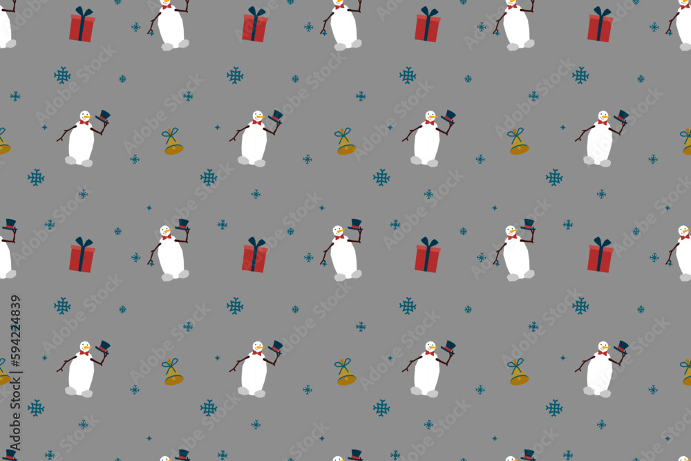 Christmas seamless pattern of snowflakes, bell pickers, snowmen and gifts. Festive pattern for fabric, wrapping paper, clothing. Vector illustration. Christmas seamless pattern of snowflakes, bell pickers, snowmen and gifts. Festive pattern for fabric, wrapping paper, clothing. Vector illustration.