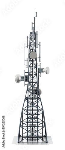 Steel telecommunications tower with satellite dishes isolated on transparent background. photo