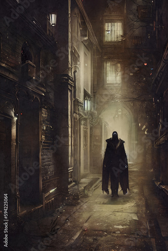 Dark alley with black figure created with Generative AI technology © magann