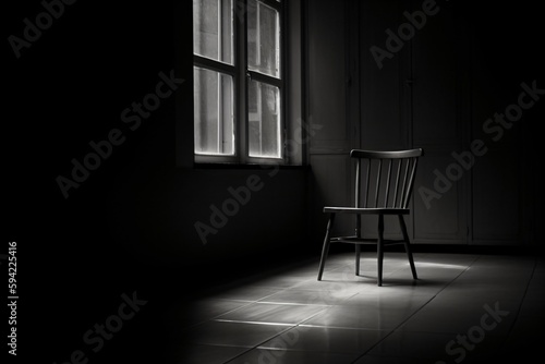 single chair in a dark room like a torture chamber or interrogation room, banner, header, wallpaper, fictional interior made with generative ai
 photo