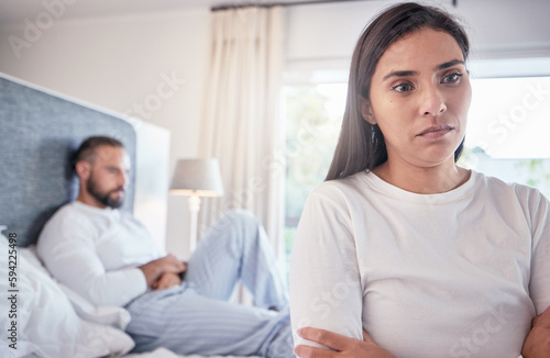 Affair, stress and couple on bed, angry and fighting with silent treatment, affair and disagreement. Woman, man and people with marital problems in bedroom, ignore and sad with anxiety at home