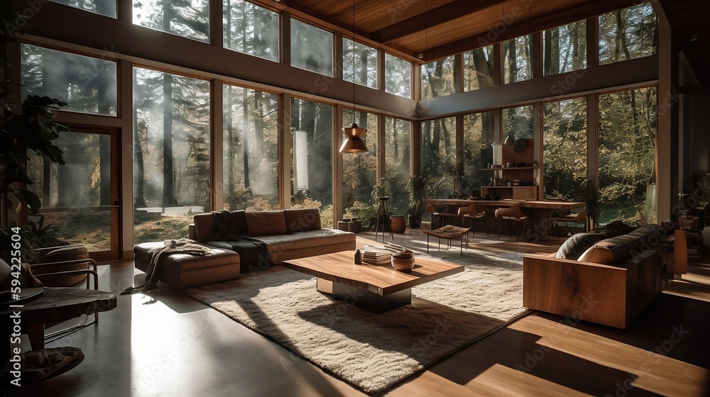 Fototapeta premium Rustic house, luxury living room, interior design, generative AI