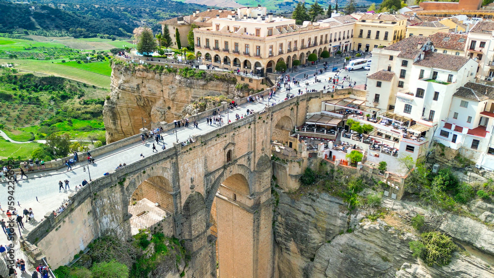 Aerial view of Ronda and its medieval bridge. Ronda is the major white town of Andalusia, Spain