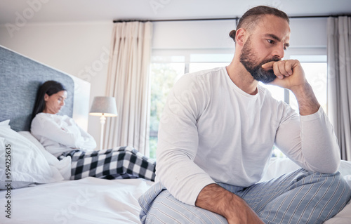 Fotografie Divorce, stress and couple on bed, argument and distance with breakup, affair and fighting