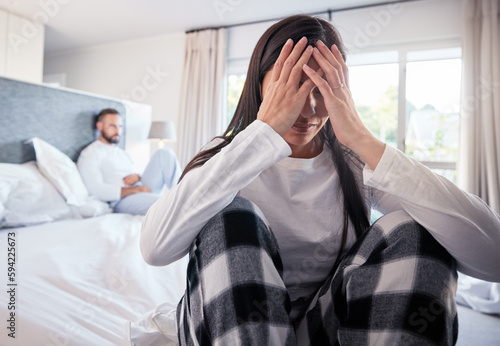 Couple, divorce or fight in bedroom depression, argument or disagreement in toxic relationship at home. Frustrated woman in unhappy marriage, cheating man or conflict on bed after breakup indoors