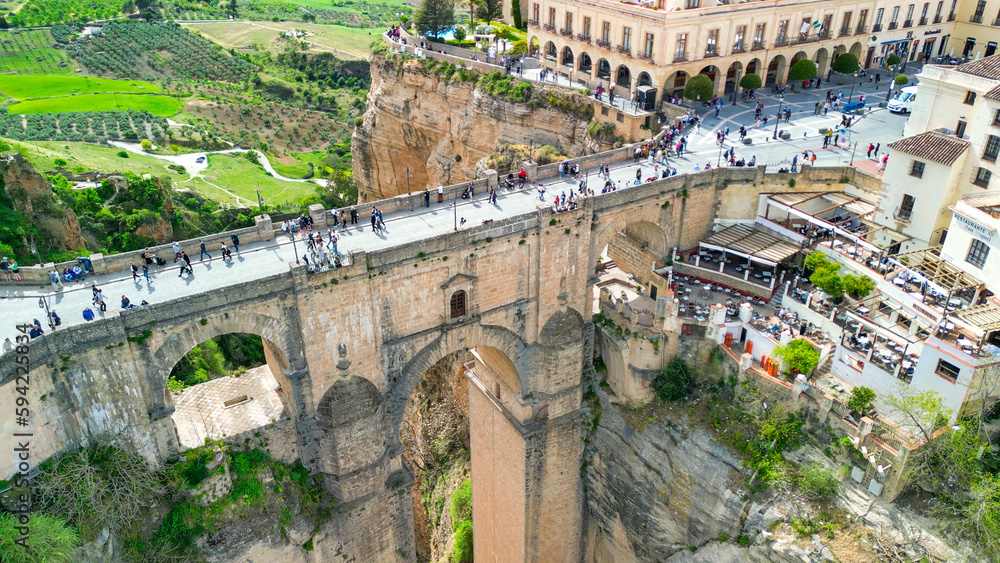 Aerial view of Ronda and its medieval bridge. Ronda is the major white town of Andalusia, Spain