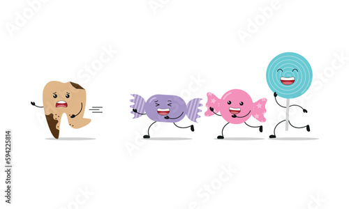 Cavity tooth run away from sweets candy illustration cartoon character vector design on white background. Dental care concept.
