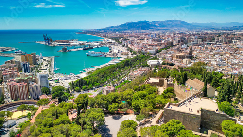 Malaga, Andalusia. Aerial view of city skyline from the castle on a beautiful spring day
