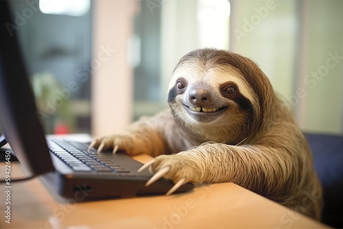 Smiling sloth playing game on computer with excited face. Generative AI photo