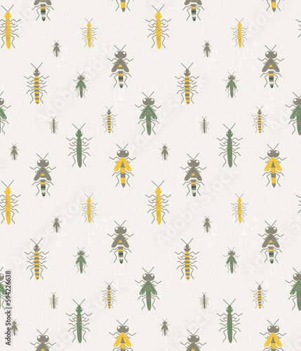 Green and yellow insects seamless pattern. Cartoon bugs on textured background vector illustration.